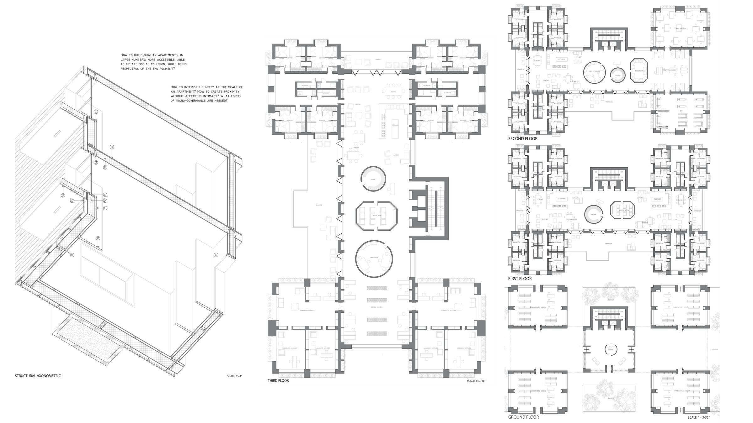 Collective housing drawings: structural axonometric and floo